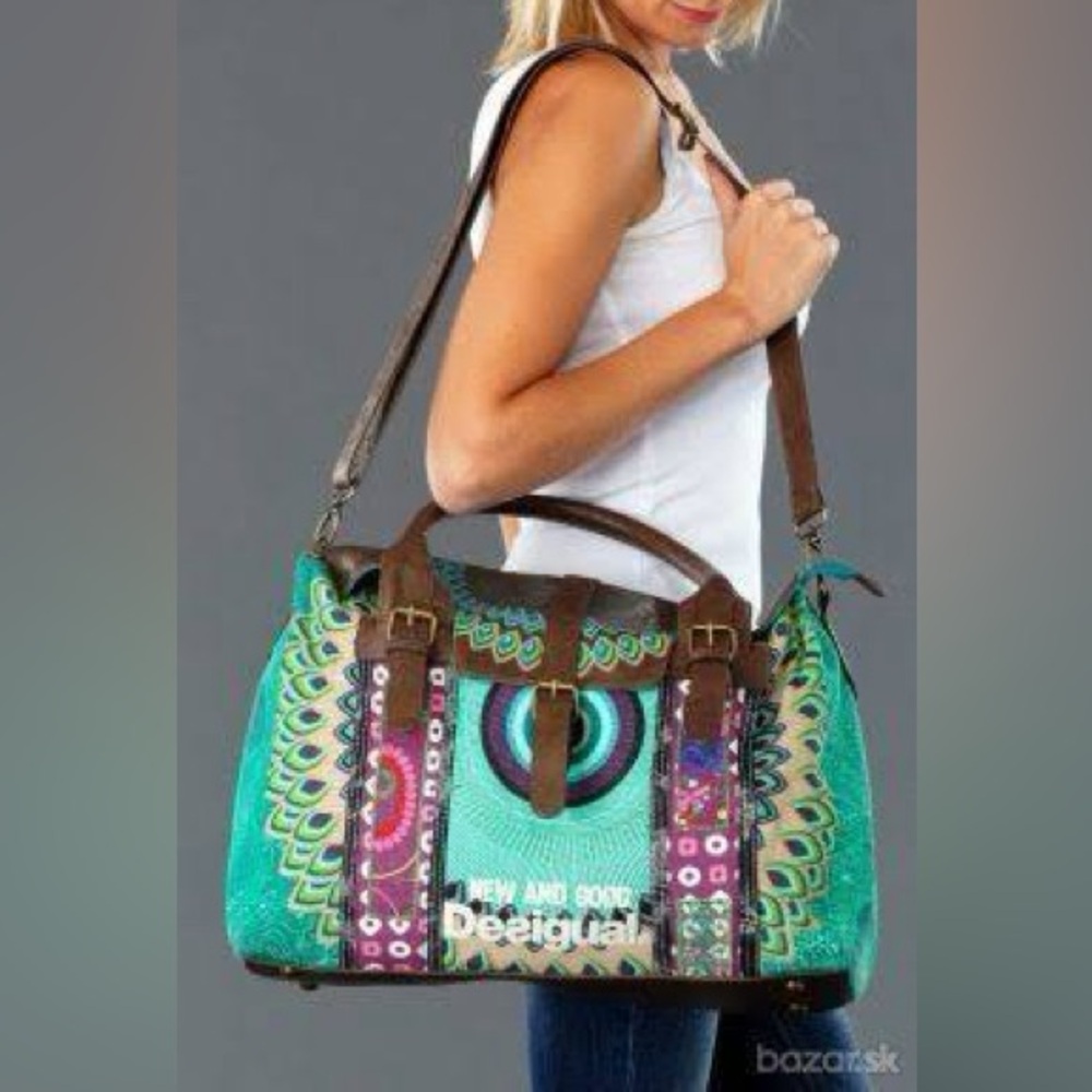 Desigual boho Teal and Brown Patterned Satchel New and Good words on front